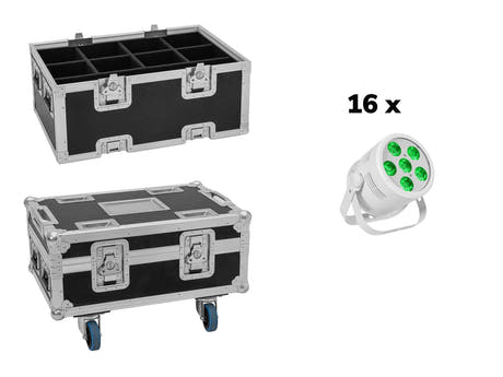 EUROLITE Ensemble 16x LED Silent PAR 6 QCL au sol wh + Étui