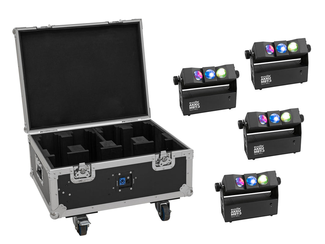EUROLITE Set 4x AKKU MBT-3 Spot MK2 + Flightcase avec roulettes et fonction de recharge