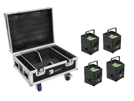 EUROLITE Set 4x AKKU IP UP-4 QCL Spot QuickDMX MK2 + Flightcase à roulettes avec fonction de recharge