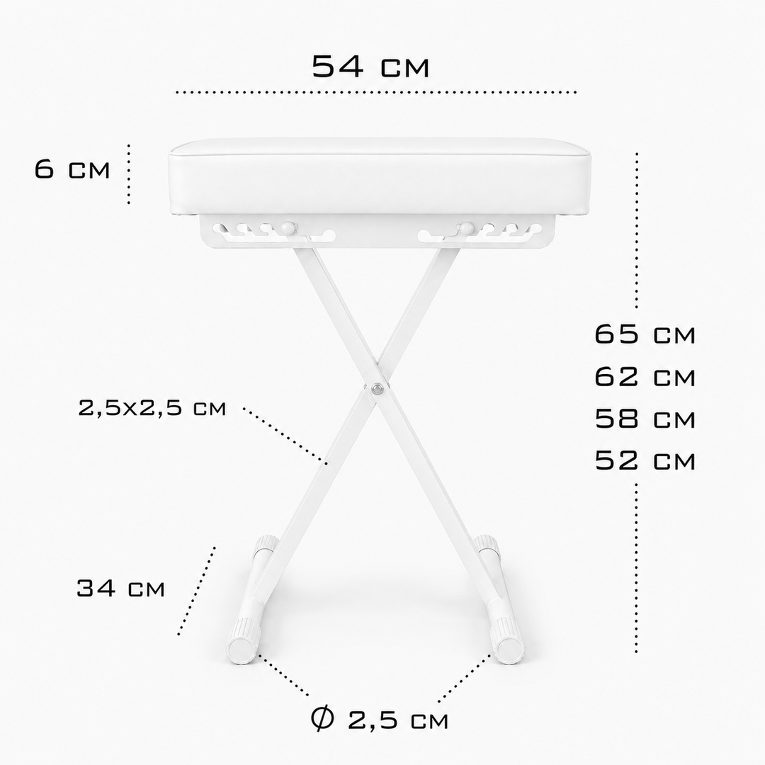 Banquette de piano pliable Hardman SB006, blanche, réglable de 45 à 63 cm