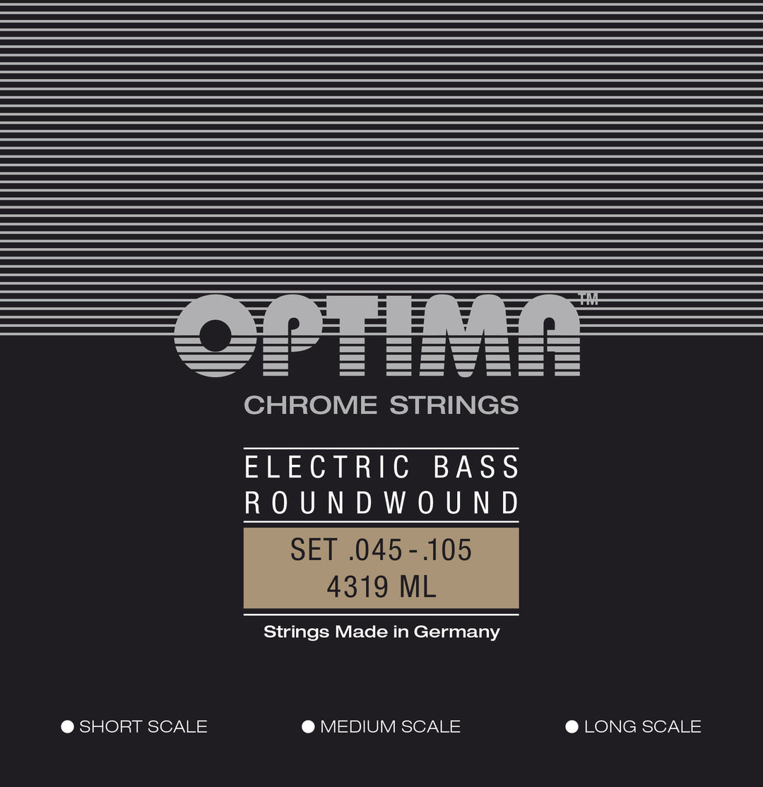 Optima cordes de basse électrique Chrome Strings à filet rond Long Scale - Set 4 cordes med-light (4319ML)