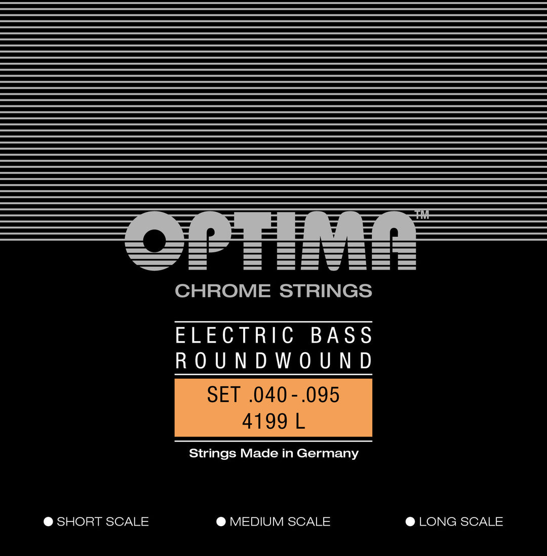 Cordes de basse électrique Optima Chrome Strings. Filet rond, diapason moyen - Jeu 4 cordes light (4199M)