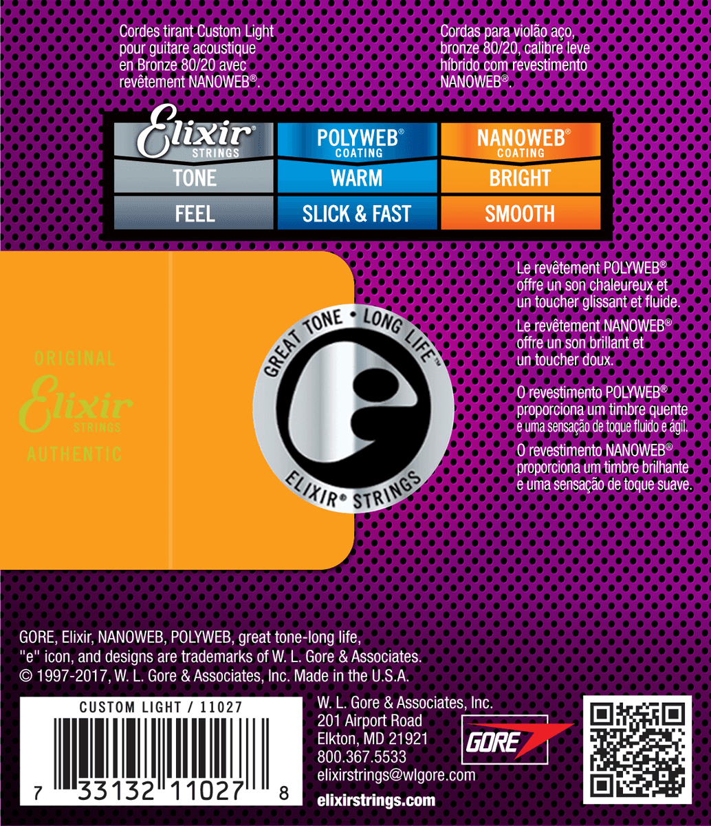 Elixir Nanoweb Bronze 80/20 Cordes de Guitare (Custom Light, 11-52)
