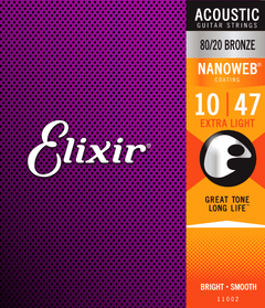 Elixir Nanoweb Bronze 80/20 Cordes de Guitare (Extra Light, 10-47)