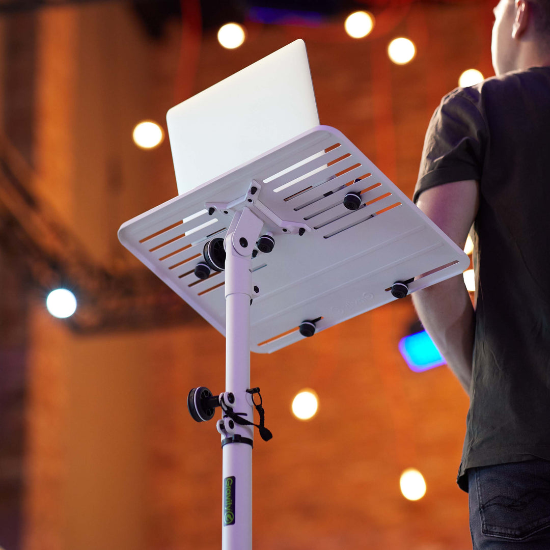 Gravity LTS T 02 W - Support universel pour ordinateur portable avec tiges de maintien réglables et base en acier