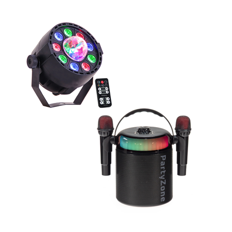 PartyZone Kit karaoke avec 2 microphones (Noir) & LED PAR-ASTRO éclairage disco 2-en-1