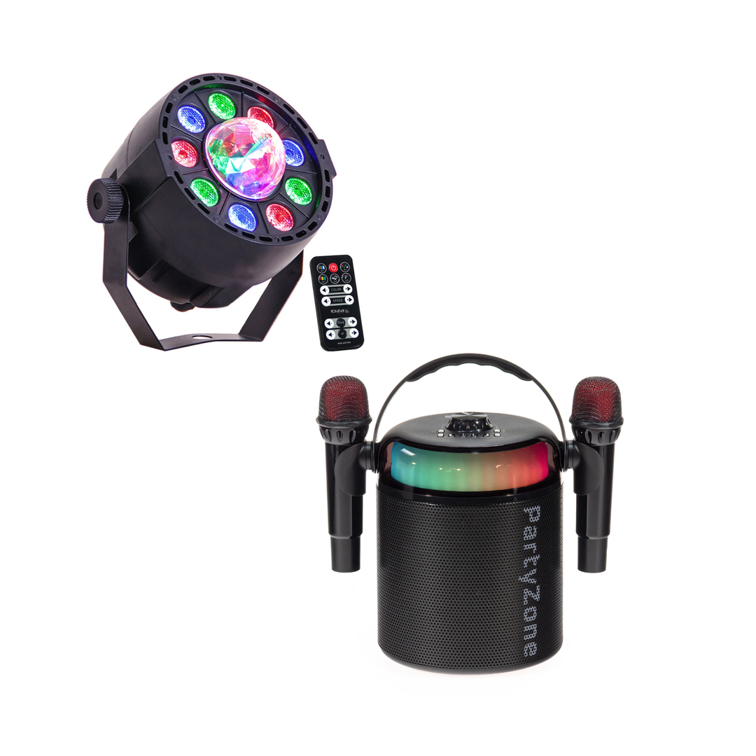 PartyZone Kit karaoke avec 2 microphones (Noir) & LED PAR-ASTRO éclairage disco 2-en-1