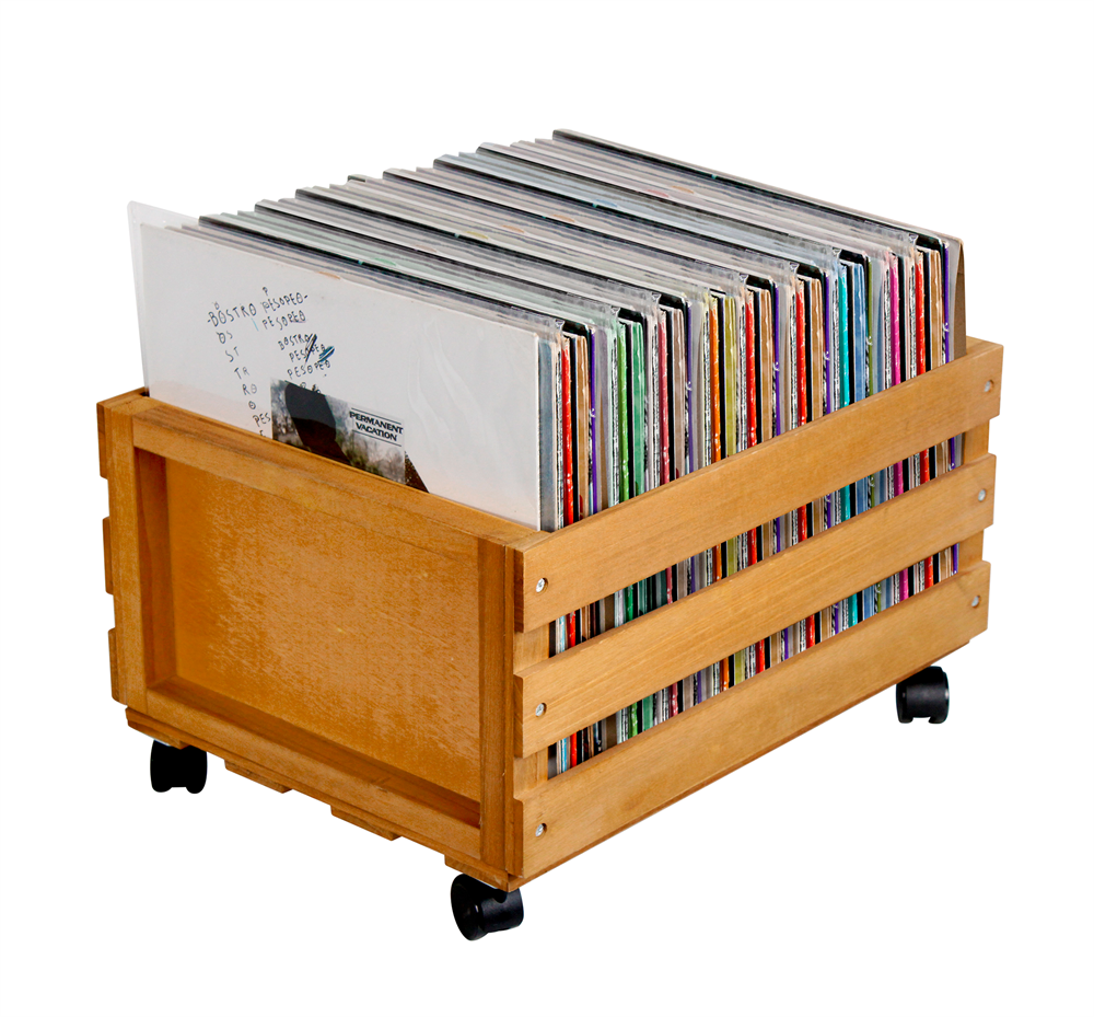 Caisse à Vinyles avec Roulettes, en Bois Clair