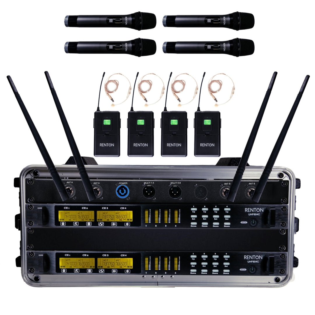 Renton Rack Système sans fil combiné (4 Microphones à main + 4 Casques)