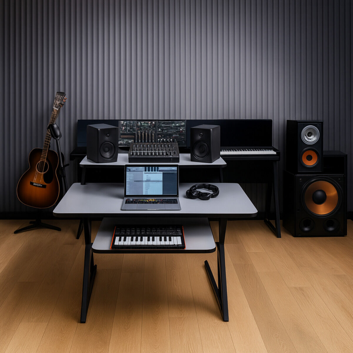 Studiobord med hylder og udtræk til keyboard (120 cm)