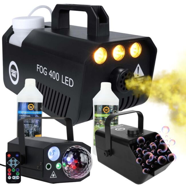 Light4Me GIG SET 2 Pack fête – Machine à brouillard, machine à bulles & effet lumineux 4-en-1