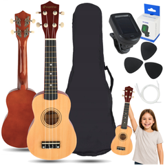Ensemble d'ukulélé avec étui, accordeur et accessoires, bois naturel