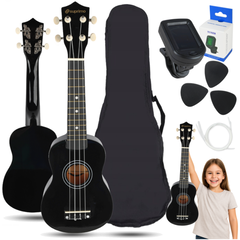 Set d’Ukulélés avec étui, accordeur et accessoires, noir