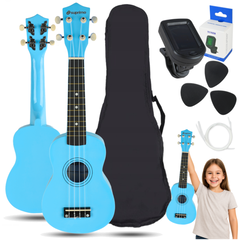 Set de ukulélés avec étui, accordeur et accessoires, bleu