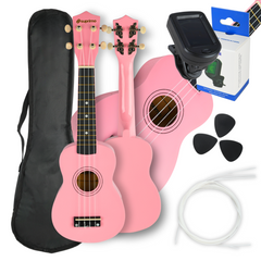 Set de ukulélé avec étui, accordeur et accessoires, rose
