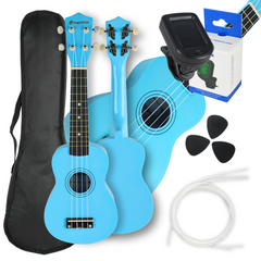 Set de ukulélés avec étui, accordeur et accessoires, bleu