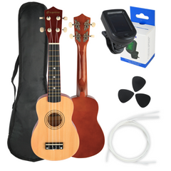 Ensemble d'ukulélé avec étui, accordeur et accessoires, bois naturel