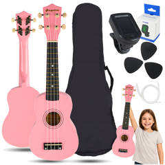 Set de ukulélé avec étui, accordeur et accessoires, rose