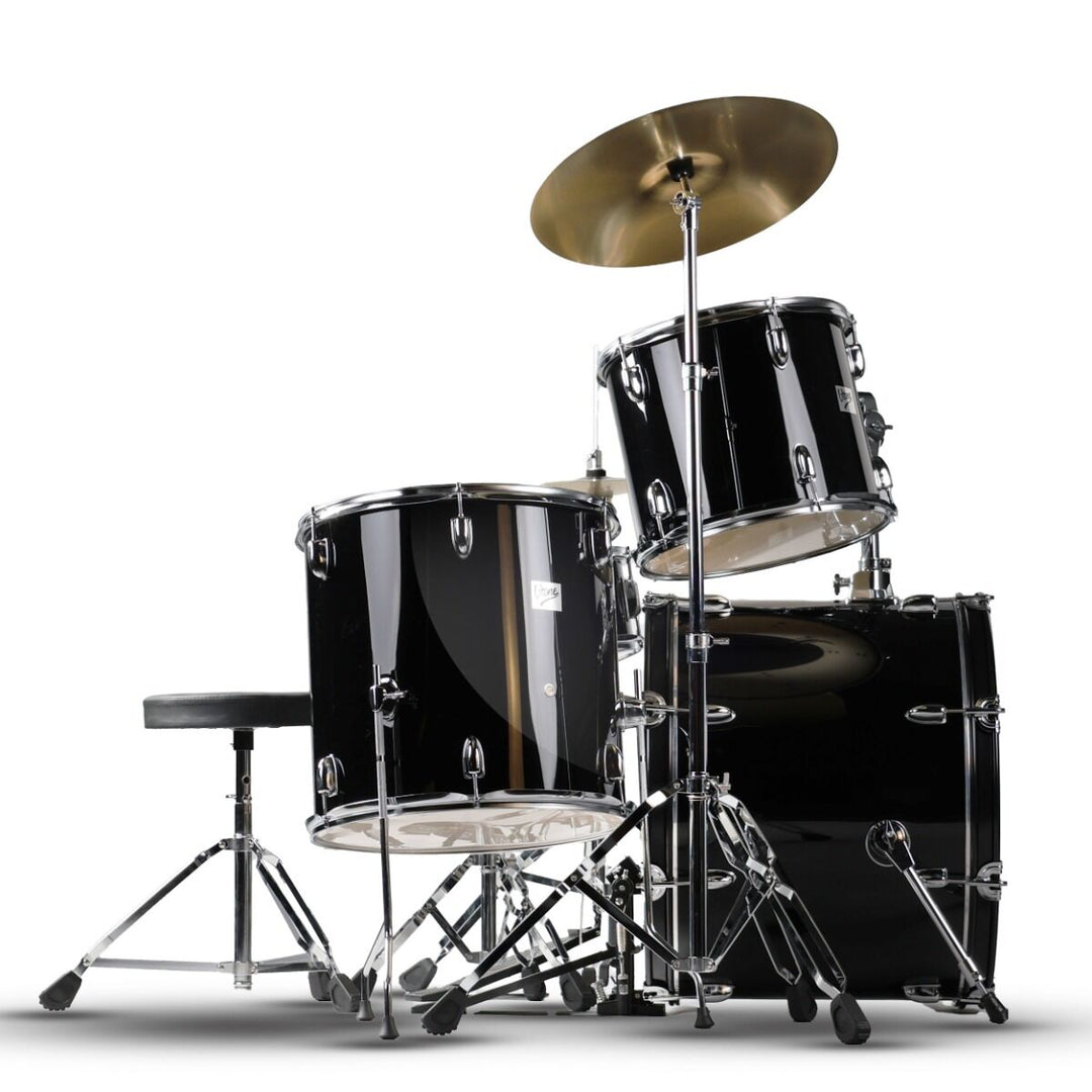 V-TONE VD KIT PRO Set de batterie acoustique – Noir avec Baguettes de Baterie & tabouret de batterie
